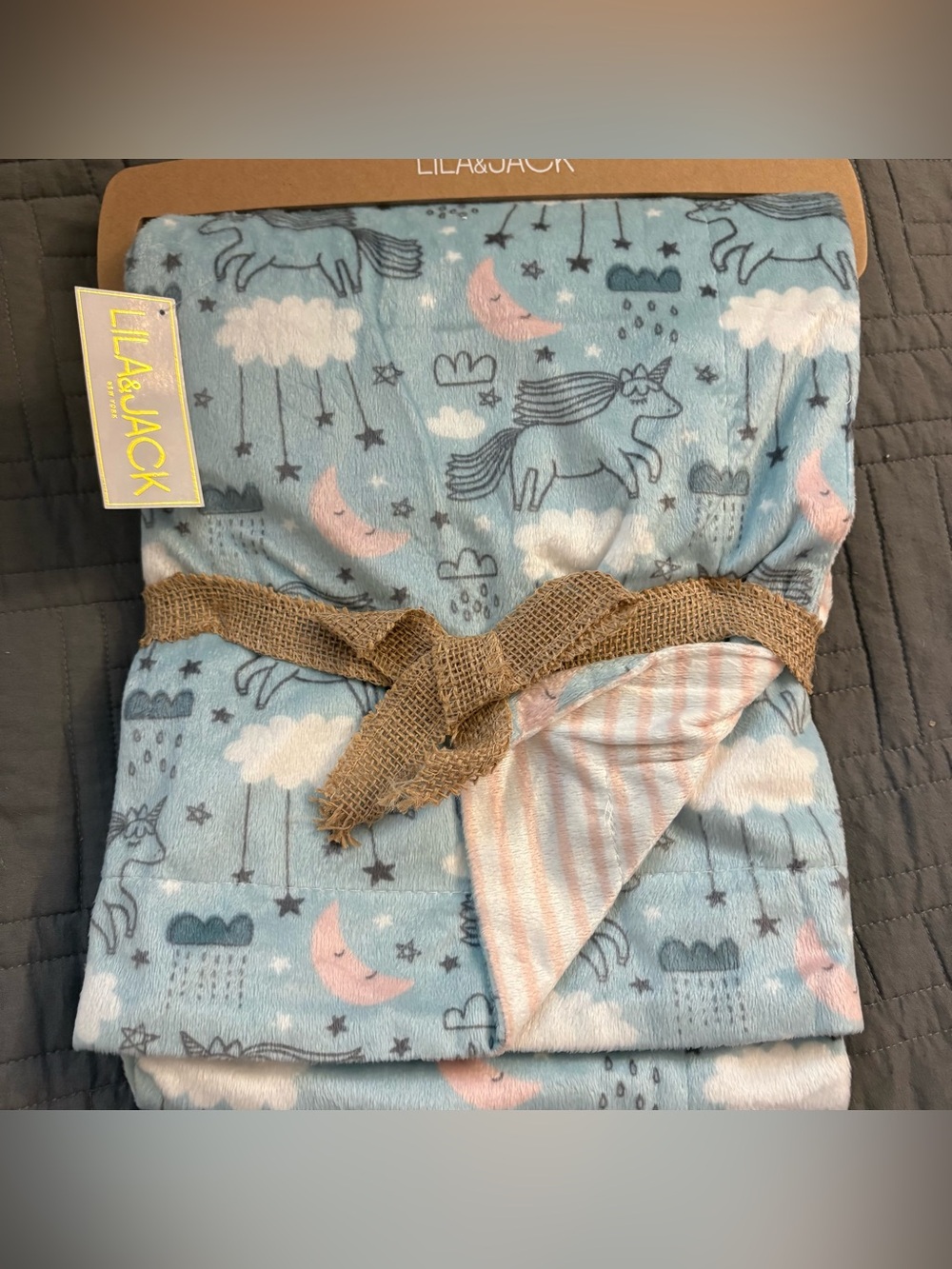 Lila & Jack Soft Celestial Unicorn Moons Reversible Baby Blanket Stripes Girls